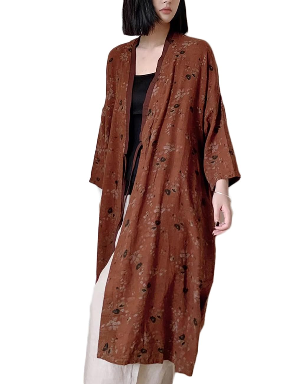 NFYM Leichte Damen-Kimono-Jacke, Baumwollgarn, bedruckt, zum Binden, Vintage, lockere Strickjacke, vorne offen, Trenchcoat, Oberbekleidung