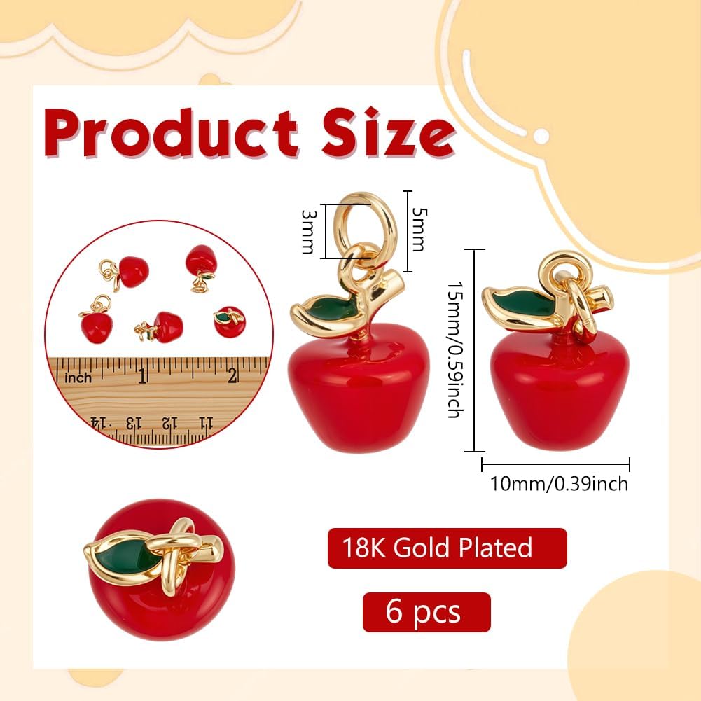 BENECREAT 6Pcs Red Real 18K Gold Plated Brass Pendant, Apple Dangle Charms Pendants Apple Charm with Jump Ring for Making Jewelry Bracelets Necklace Earring DIY Crafts Accessories, 0.6x0.4inch - Image 2