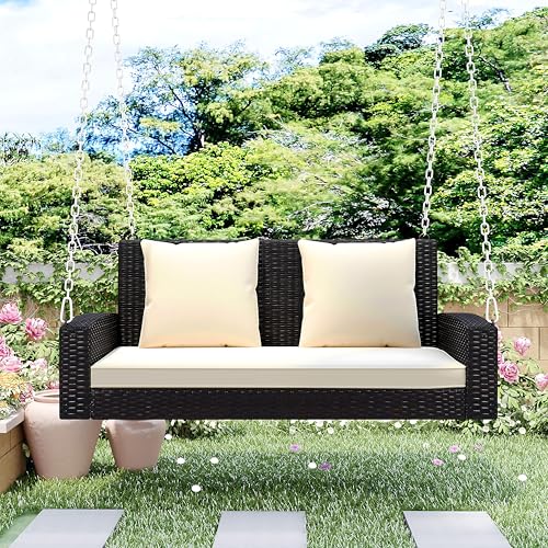 Image of Patio Outdoor Double Seater Swing Chair Without Stand for Balcony, Garden | Weather Resistant Rattan & Wicker Hammock Jhula for Adults | Outdoor Sofa Swing (Brown & Light Cream)