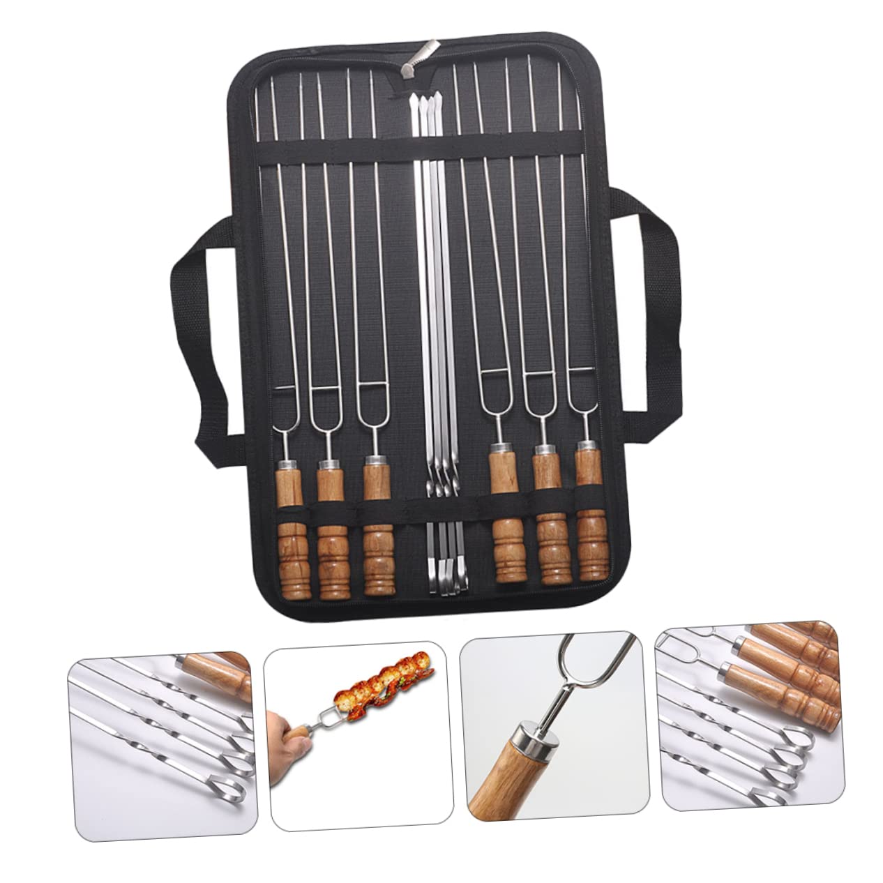 Spiedini Barbecue in Acciaio Inossidabile, 10 Pezzi | Impugnatura in Legno, Borsa per Riporli, per Grigliate Outdoor e Barbecue