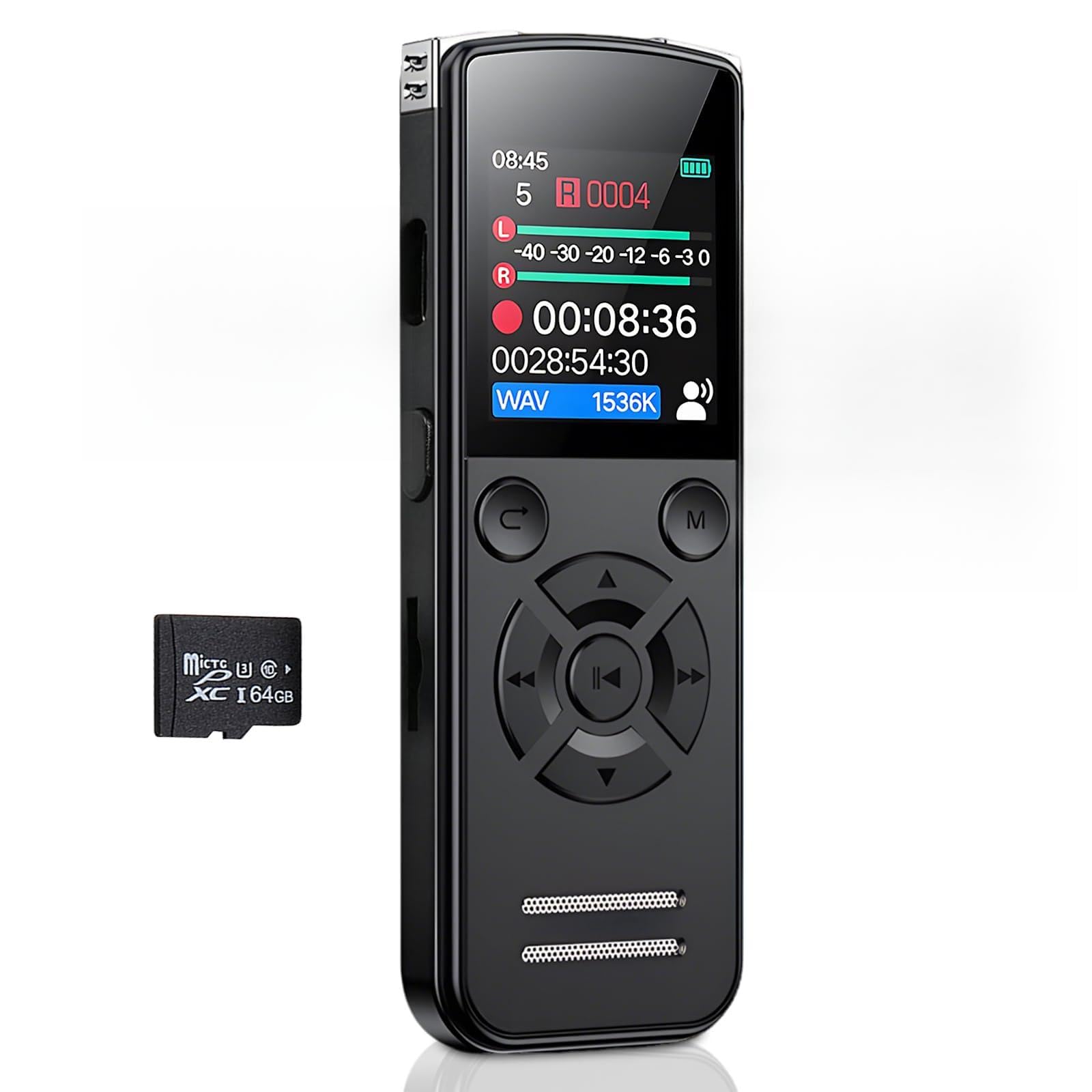 64GB Diktiergerät, EIN-Knopf Aufnahmegerät, Mini Voice Recorder 1536 Kbps für Meetings, Vorlesungen und Interviews, USB-C wiederaufladbar