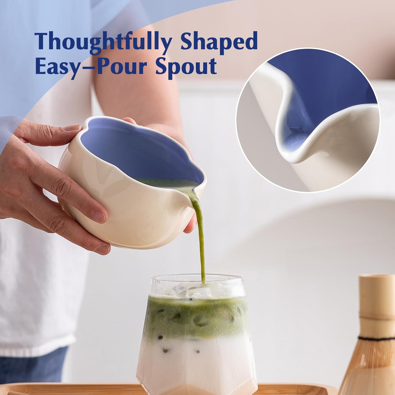 Matcha Set, 8Pcs Floral Ceramic Matcha Set with Matcha Whisk, Holder, Scoop, Scoop Rest, Sifter, Spoon and Tea Towel - Thoughtful Matcha Whisk Set Gift for Matcha Lovers (Beige & Blue) - Image 8