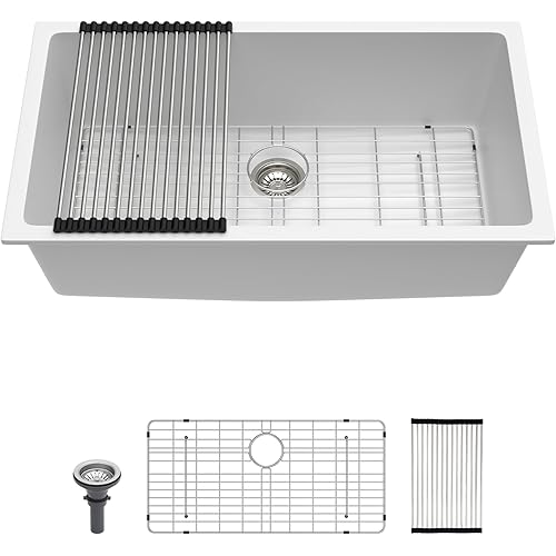 Lordear 33 White Granite Composite Kitchen Sink 33 x 19 Undermount Sink Quartz Composite White Deep Single Bowl Under Counter Kitchen Sinks