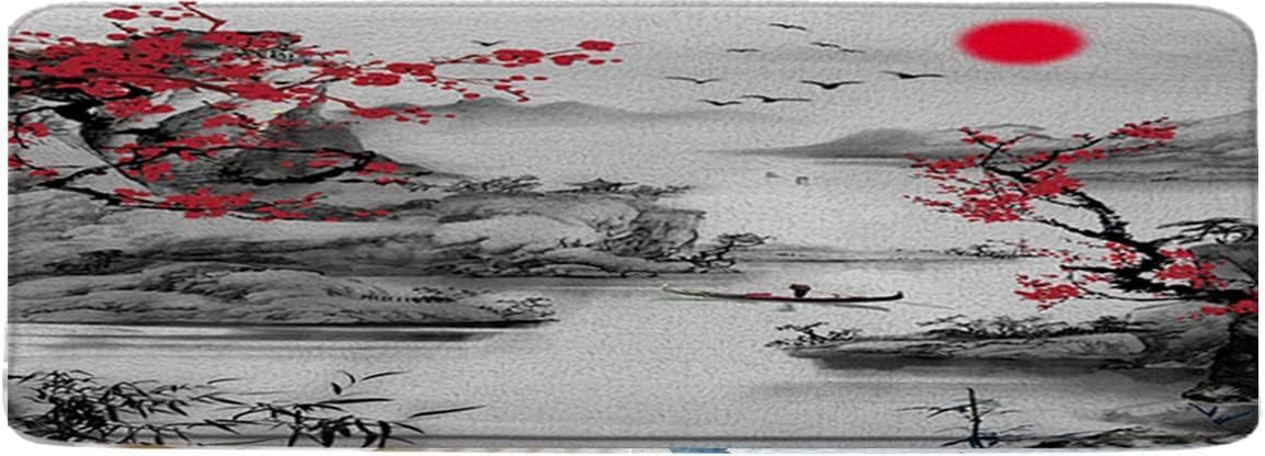 Asian Decor Bath Mat Rugs Red Plum Blossom Branch Japanese Trees Sun and Misty Mountains Art Chinese Traditional Ink Bathroom Indoor Carpet Bathtub Carpet Absorbent with Lining 24 x 70 Inch
