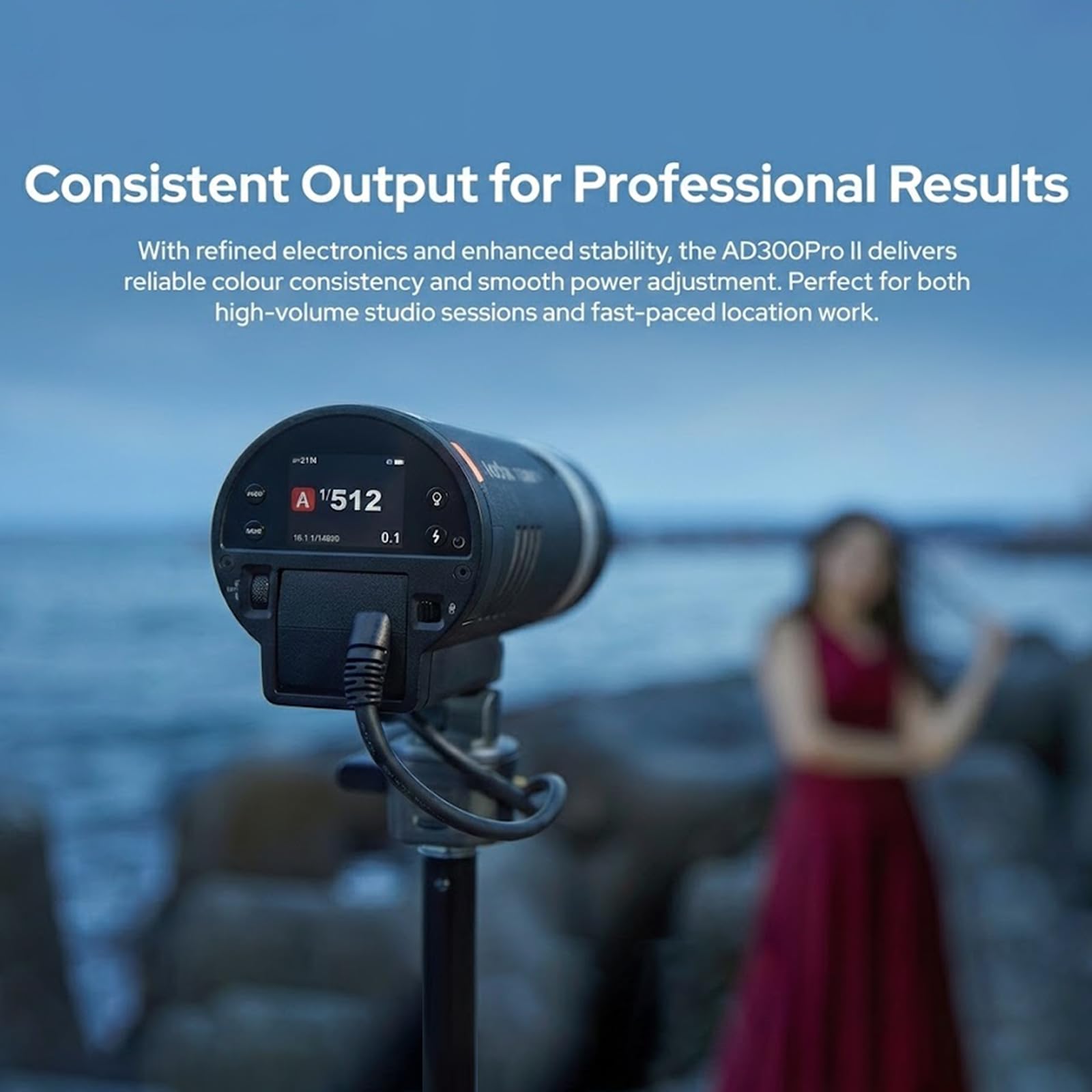 Godox AD300Pro II Flash de Exterior 300Ws, AD300Pro II HSS 1/8000s, 16 Grupos de Color, LED Bicolor de 12W, Potencia 1/512–1/1, Reciclado 0,01–1,5s, hasta 350 Disparos a Potencia Completa