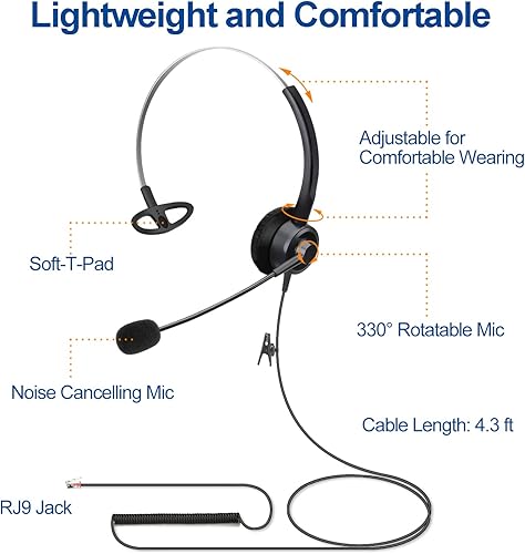 Miniatura 4 de Auriculares con cable para teléfono con cancelación de ruido, RJ9 Auriculares de teléfono de oficina manos libres compatibles con teléfonos Cisco