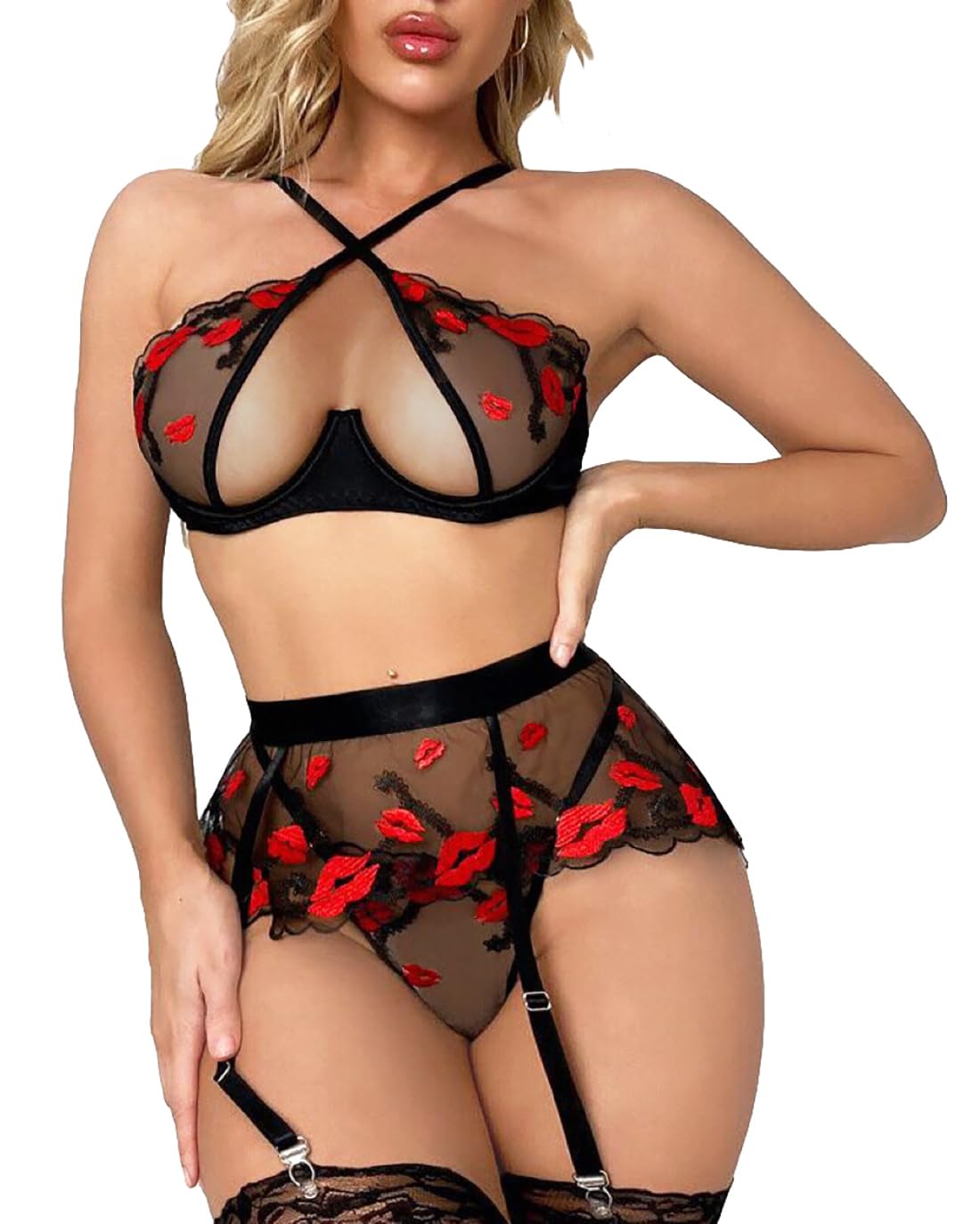 xs and os Women's Net Lips Print Criss Cross Lace Cut Out Lingerie Set with Garter Belt-picture-17