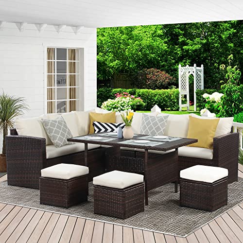 Image of DEVOKO 6 PCS L-Shape Patio Rattan Dining Set with Cushioned Chairs, Ottomans & Wood Dinning Table Top for Porch, Lawn, Garden, Backyard (Dark Brown & Off-White)