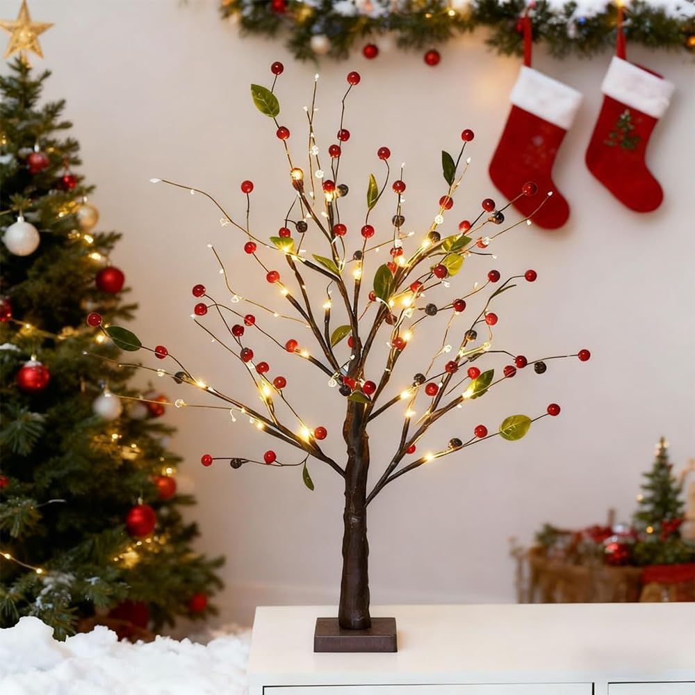 Red Berry Blossom Tree with Lights,24 LED Lighted Branches Bonsai Twinkling Lamps,Lighted Berry Branches, Battery/USB Operated Removable Base, Vintage Glowing Trees for Christmas Decor (Red)