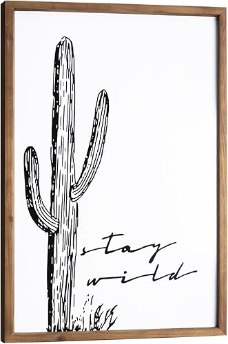 flangairy Arte de pared de cactus, decoración de pared occidental de madera, arte bohemio del desierto azteca del suroeste negro y blanco enmarcado,