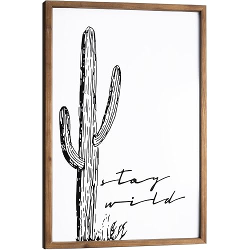 flangairy Cactus Wall Art, Wood Western Wall Decor, Black White Boho Southwestern Aztec Desert Artwork Framed, Living Room Neutral Southwest Home Decorations