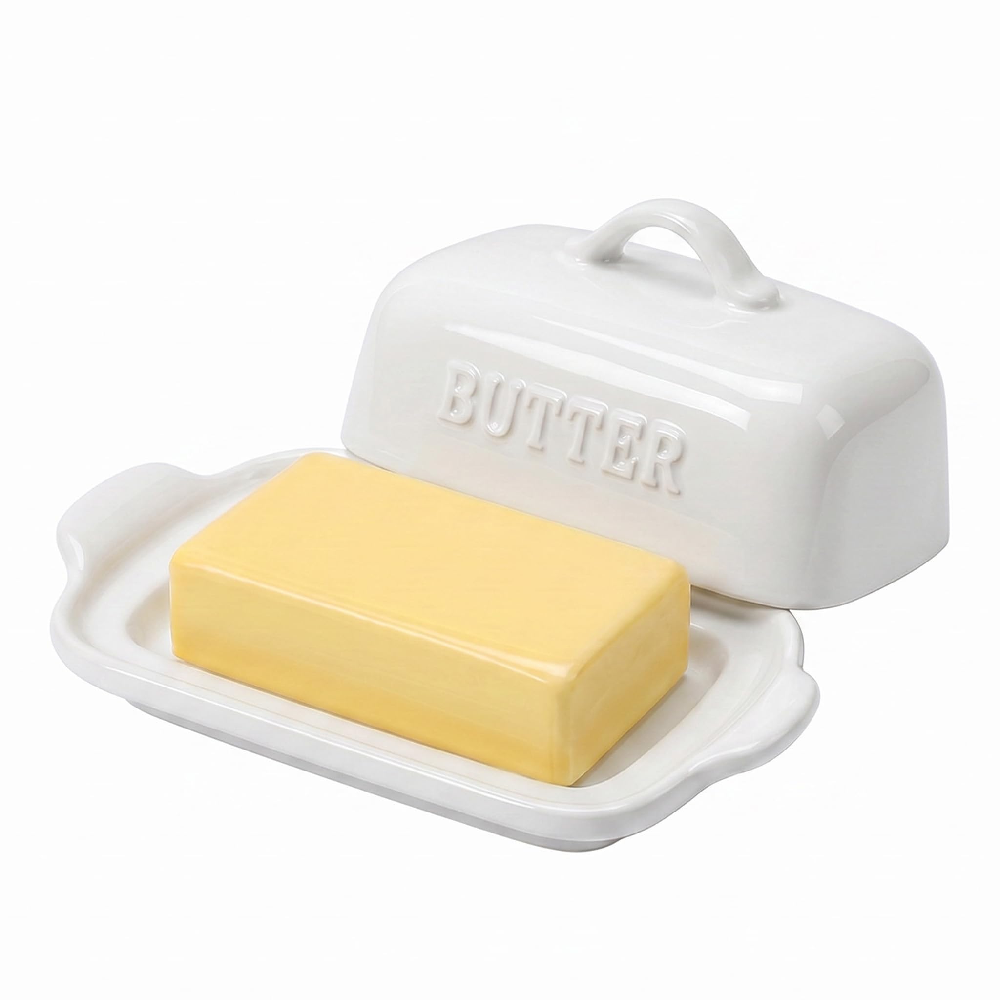 Große Keramik-Butterdose mit Deckel, passend für 500 g und 250 g Butterblöcke, Butterbehälter für Küchentheke, Butterschale, Marke JSHKY, Weiß.