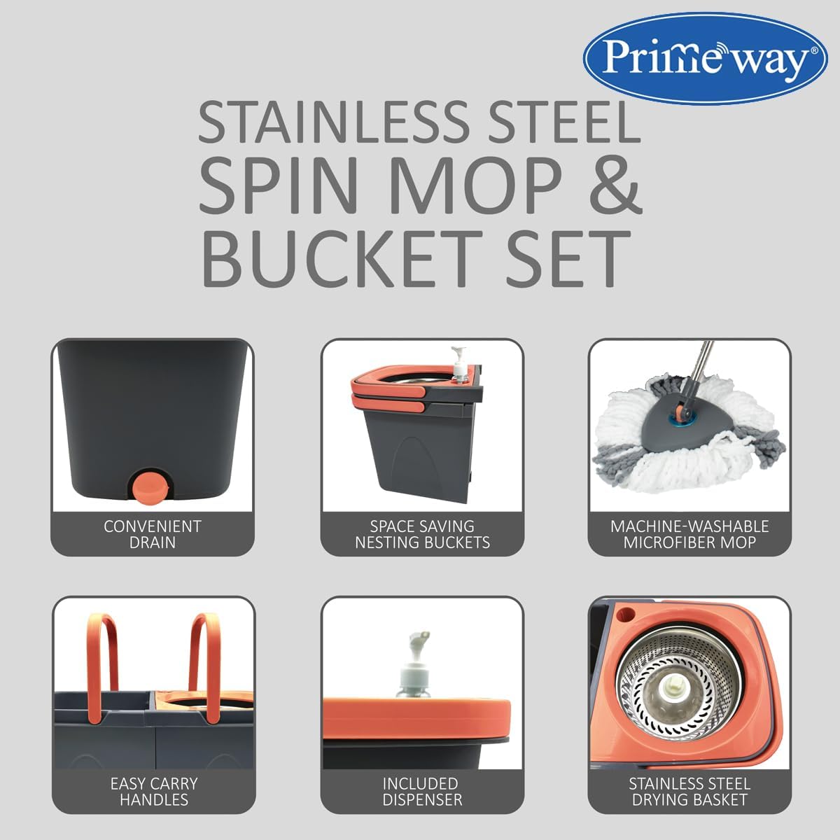 Primeway® SS Twin Bucket Rotating Spin Mop with 2 Microfiber Refills | Floor Cleaning Stick | Mopping with Clean and Dirty Water separatation | 6 LTR | Grey (Advanced_Triangular_SS_Hydraulic) 2