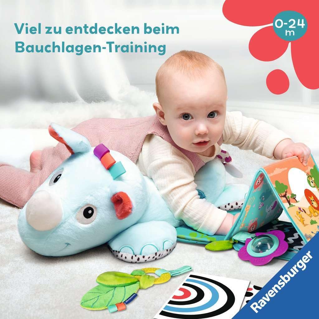 Ravensburger Coussin 4866 Play+ Rhino Play (pour la Position couchée), Ensemble de 4 pièces, Jouet Tummy Time, Animal en Peluche Qui entraîne la Position couchée, pour bébés à partir de 0 Mois