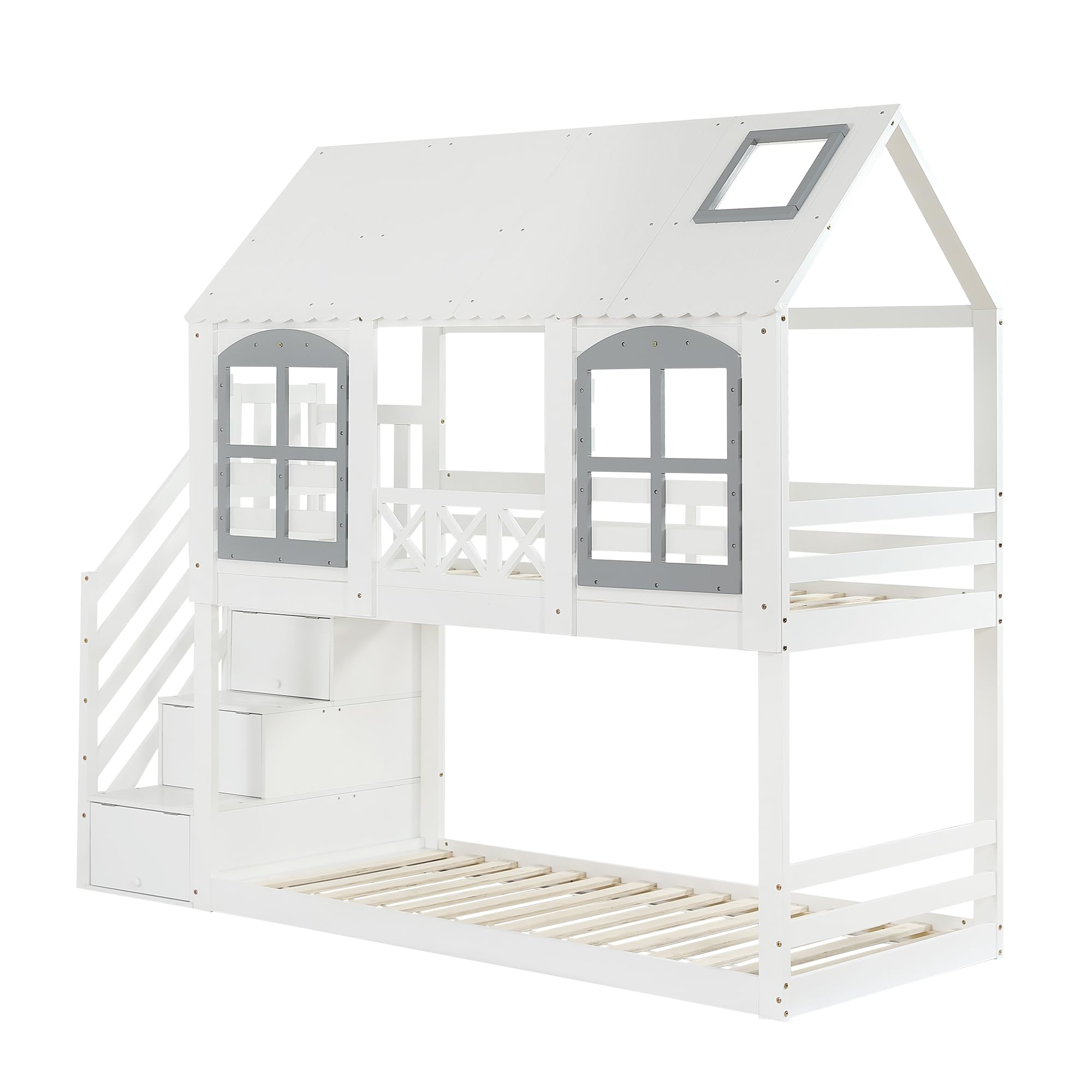 Merax Etagenbett 90x200cm Kinderbett Hochbett mit Rausfallschutz & Lattenrost Hausbett mit Dach Fenster Stauraumtreppe Weiß