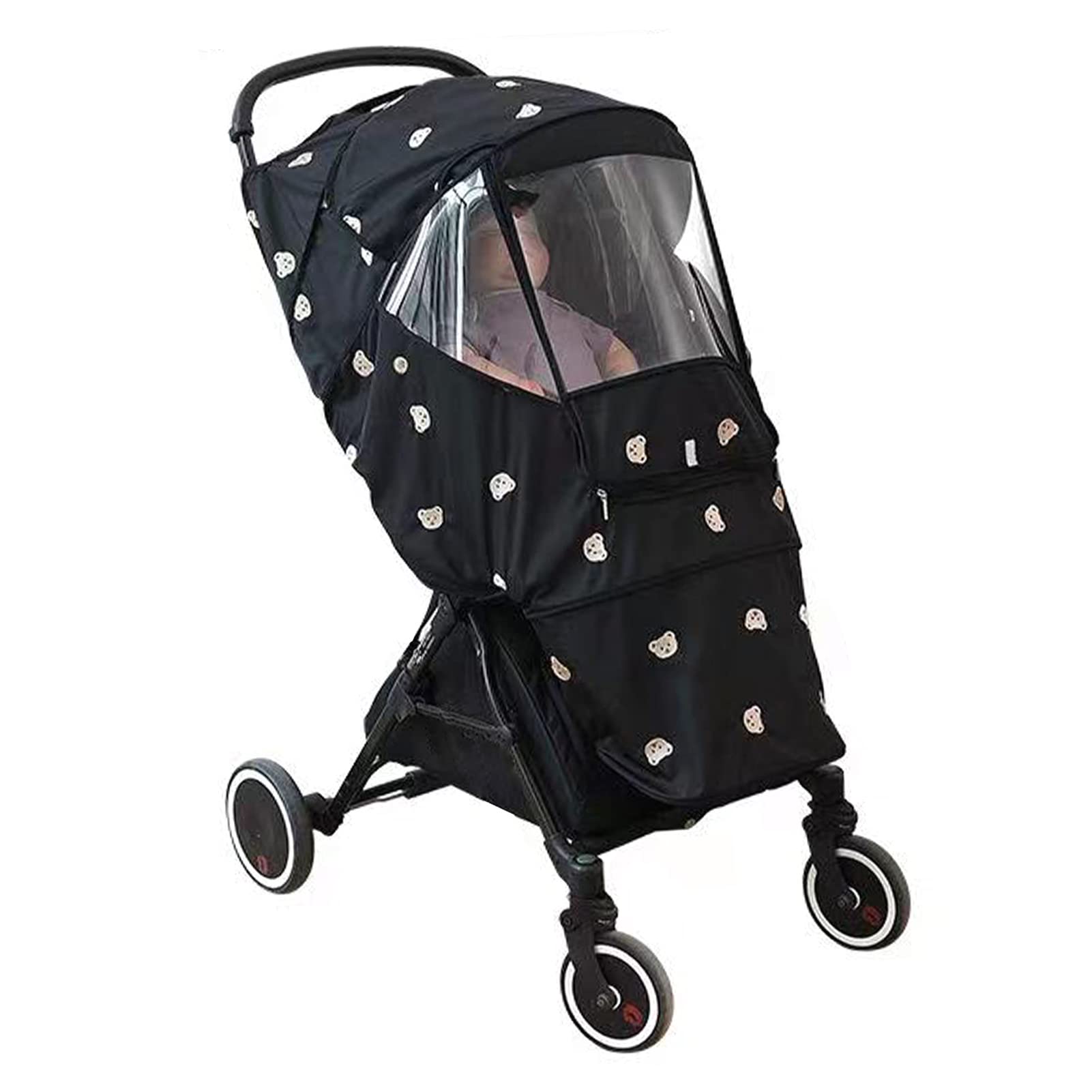 Cryfokt Winddichter Kinderwagen-Regenschutz, Niedliches Bärenmuster, Wasserdicht für Reisen, Outdoor-Aktivitäten, Oxford-Stoff (BLACK)
