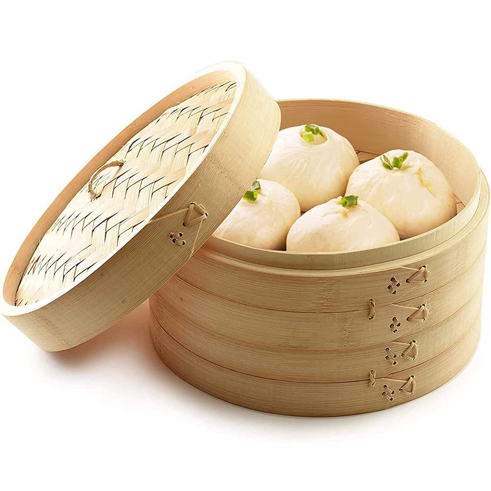 Cestino a vapore in bambù multiuso, cestino tradizionale cesto di piroscafo cinese con coperchio e cestino a vapore a 2 livelli per cucinare il riso per carne di verdura di verdure gnocchi,18cm