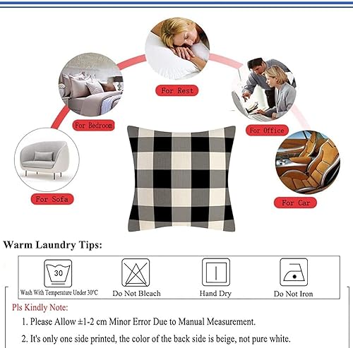 Miniatura 4 de Juego de 4 fundas de almohada decorativas a cuadros de búfalo blanco y negro para interiores y exteriores, funda de almohada para sofá de 18 x 18