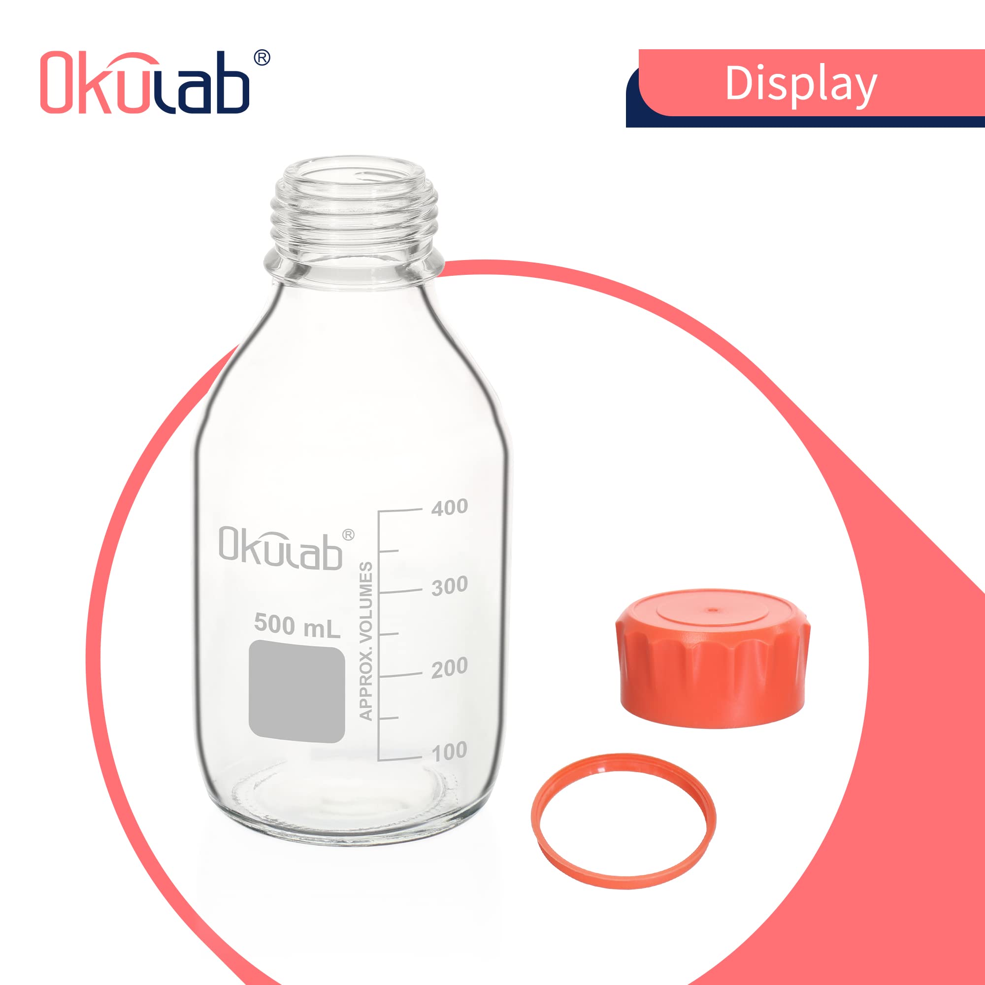 4 botellas redondas de almacenamiento de medios de 500 ml, vidrio de borosilicato 3.3, con tapas de rosca GL45 en material de polipropileno, GL45RB500A4