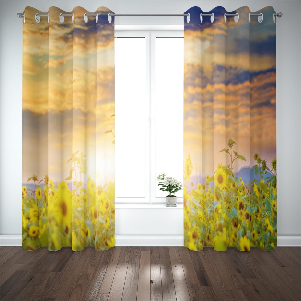 Vorhänge Wohnzimmer Blickdicht Gardinen Verdunkelungsvorhang Schlafzimmer Kinderzimmer Thermovorhang Fensterdekoration 3D Goldener Glanz Sonnenblume Abendwolken Muster Ösenschal 2Er Set 200X