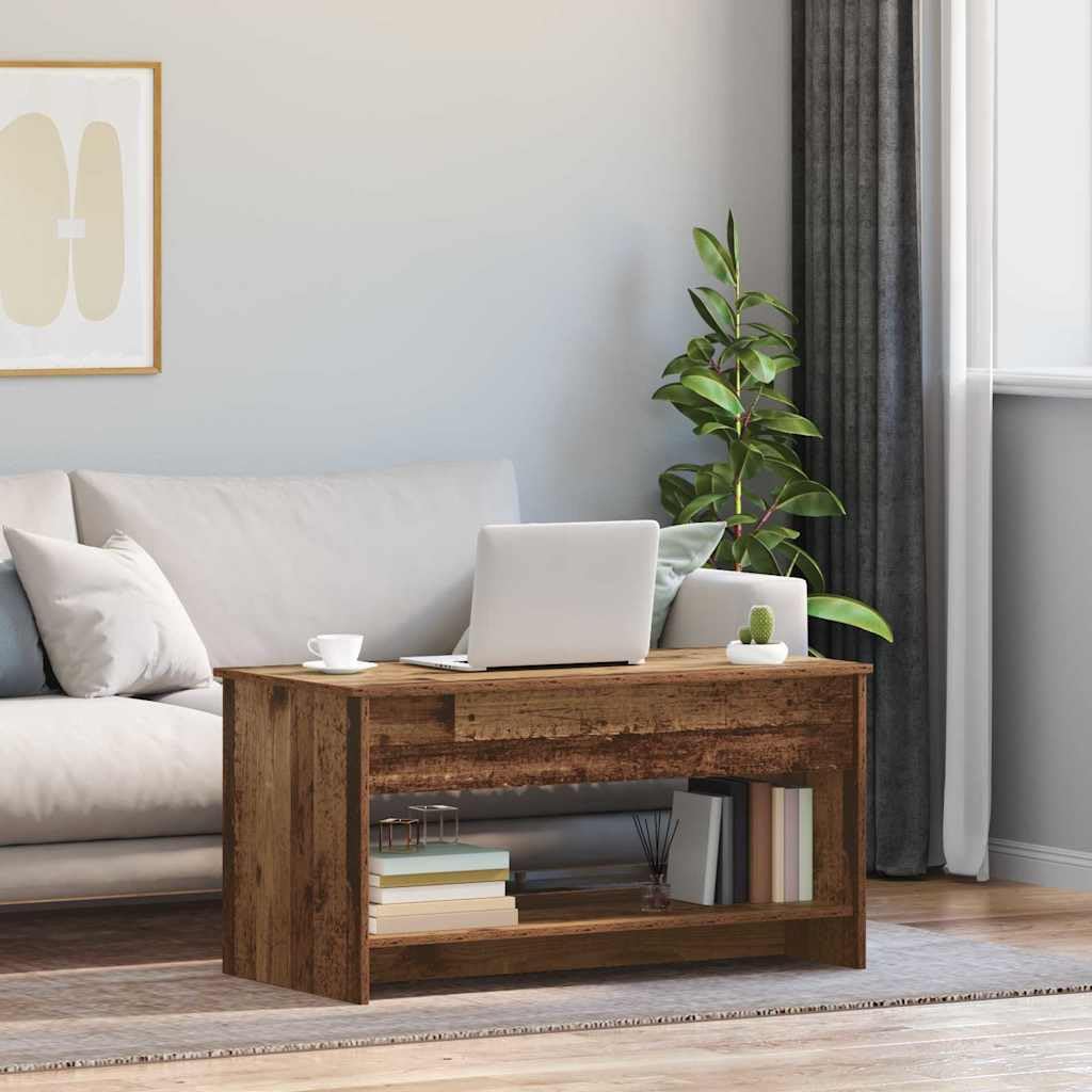 Table basse en bois vieilli 80 cm, table d'appoint fonctionnelle avec espace rangement