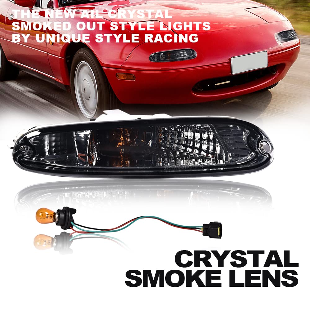 CNNELL Turn Signal Light, Compatible with 1990-1997 Mazda MX-5 Miata Front Bumper Incandescent Signal Lights(Smoky)