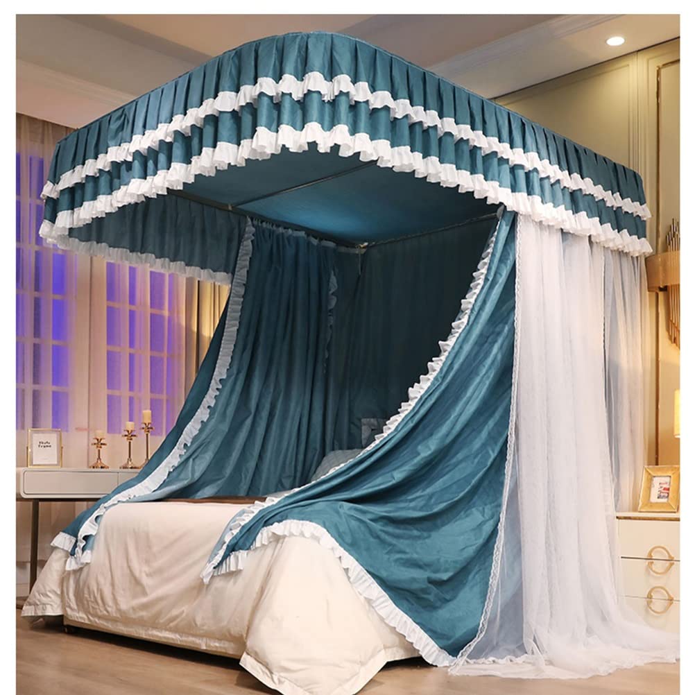 Double Deck Deluxe Bett Baldachin Moskitonetz, Mädchen Prinzessin Room Romantische Schlafzimmer Dekoration Bett Vorhang, U-förmige Metallstütze (Farbe: Blau, Größe: 180x220x210 cm)