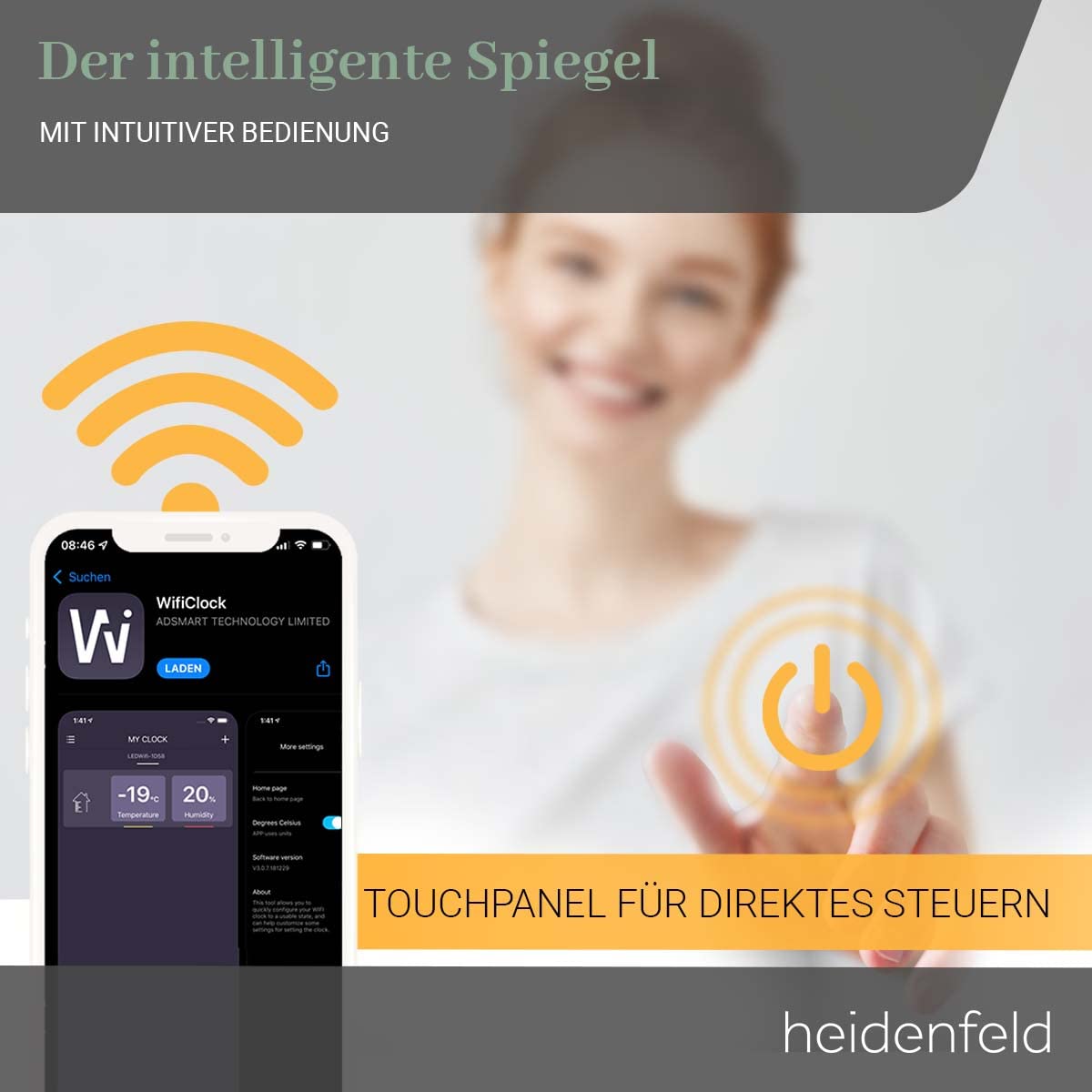 Heidenfeld Spiegel Infrarotheizung | HF-HS200 mit Touchpanel - 𝟭𝟬 𝐉𝐀𝐇𝐑𝐄 𝐆𝐀𝐑𝐀𝐍𝐓𝐈𝐄 - 200 Watt - 60 x 60 cm - WiFi Badspiegel - Badezimmerspiegel - Infrarot Heizung Spiegel - Wandheizung