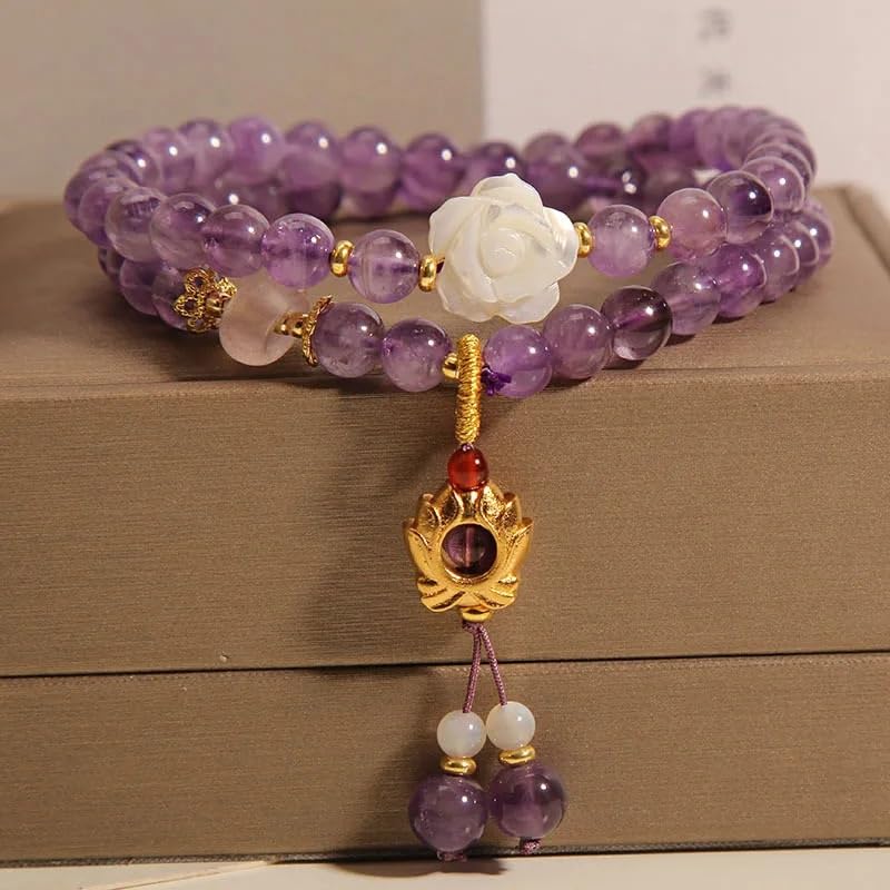 Natural Amethyst Double Layer Beaded Bracelets Orchid Rose Pendant Bracelet Jewelry2