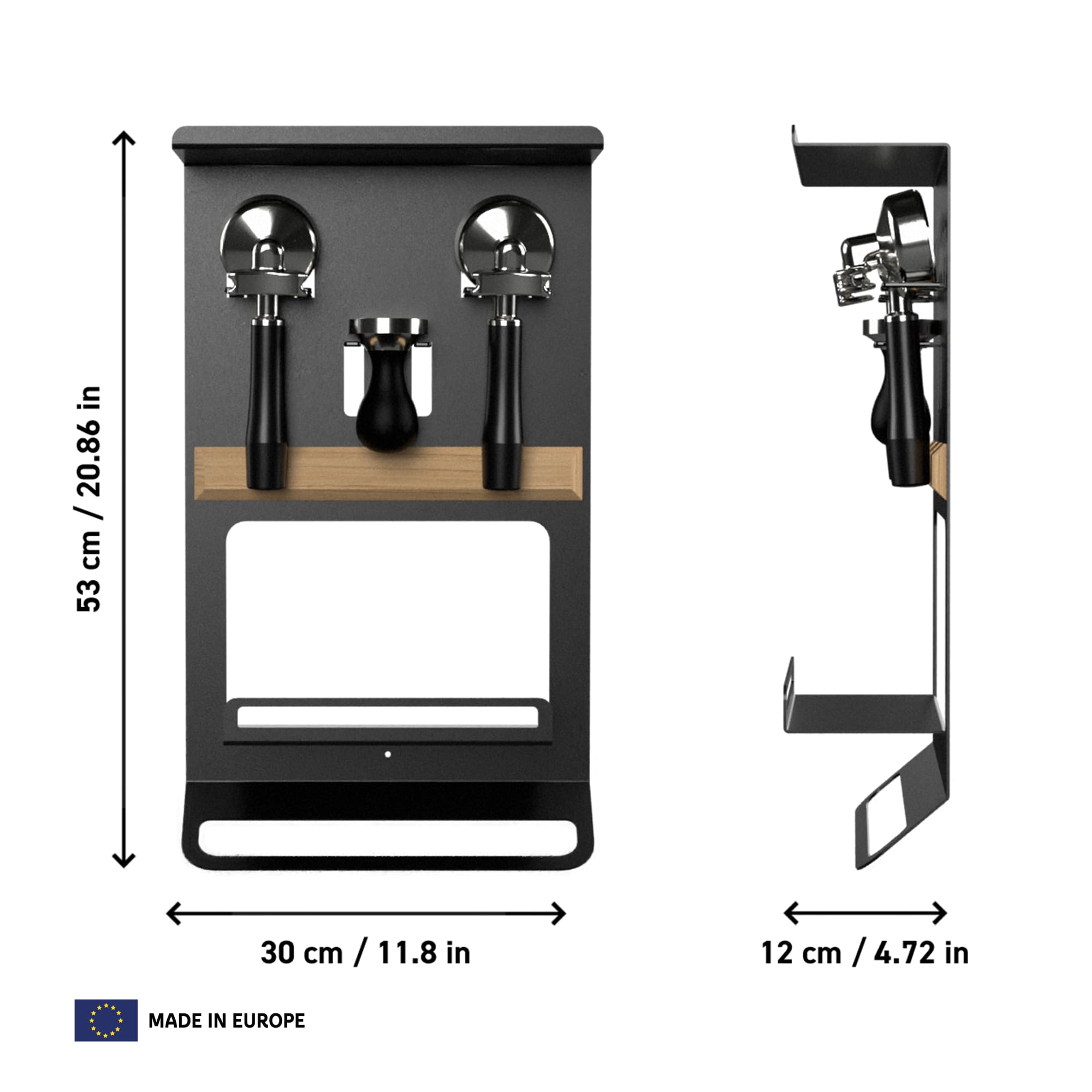 FLATE Barista Regal für Siebträger, Tamper und Barista Zubehör in schwarz (Wandhalterung für Kaffeezubehör)