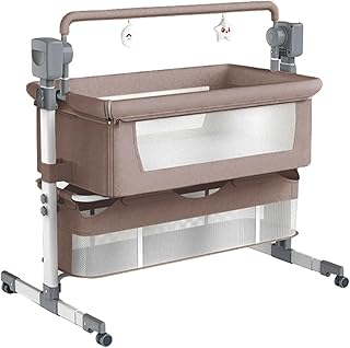 Baby Bedside Crib Baby Bedside Cot Multifunctional Infant Bedside Sleeper Baby Bassinet Convertible Portable Foldable Baby Cradle Swing with Bluetooth Music 5 Swaying Gears Remote Control (Khaki)