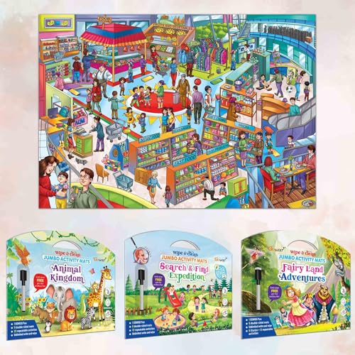 Image of SEARCH & FIND EXPEDITION activity mat, FAIRY LAND ADVENTURES activity mat, ANIMAL KINGDOM activity mat and GIANT AT THE MALL COLOURING POSTER | Combo of 3 activity mats with pen and 1 colouring poster