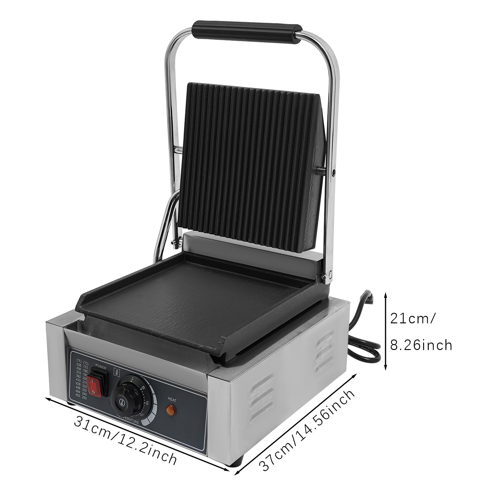PDTHADP 1800W Commercial Panini Press Grill 110V Panini Grill Press Sandwich Maker 122°F-572°F Countertop Electric Stainless Steel Sandwich Maker 12.2 x 14.57 x 8.2in for Hamburger Steak