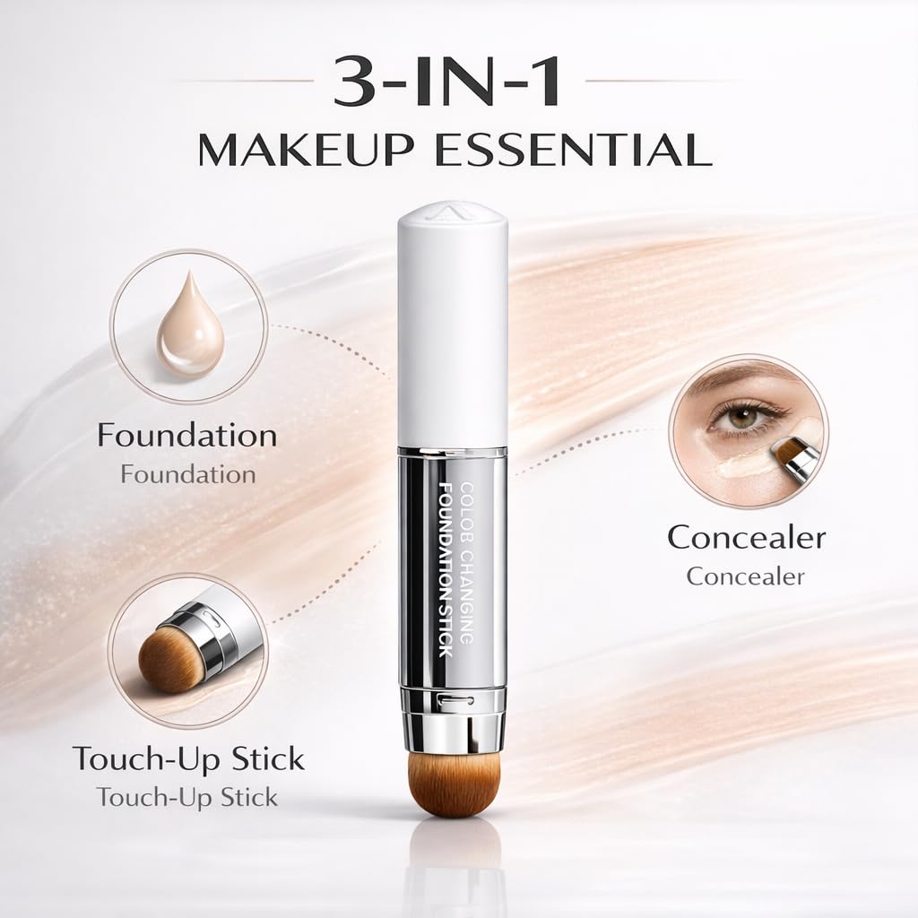 Korean Color Changing Foundation Stick,Cream Stick V White Color-Changing Foundation Stick, 3-in-1 Color Changing White Foundation Stick, Medium to Full Coverage