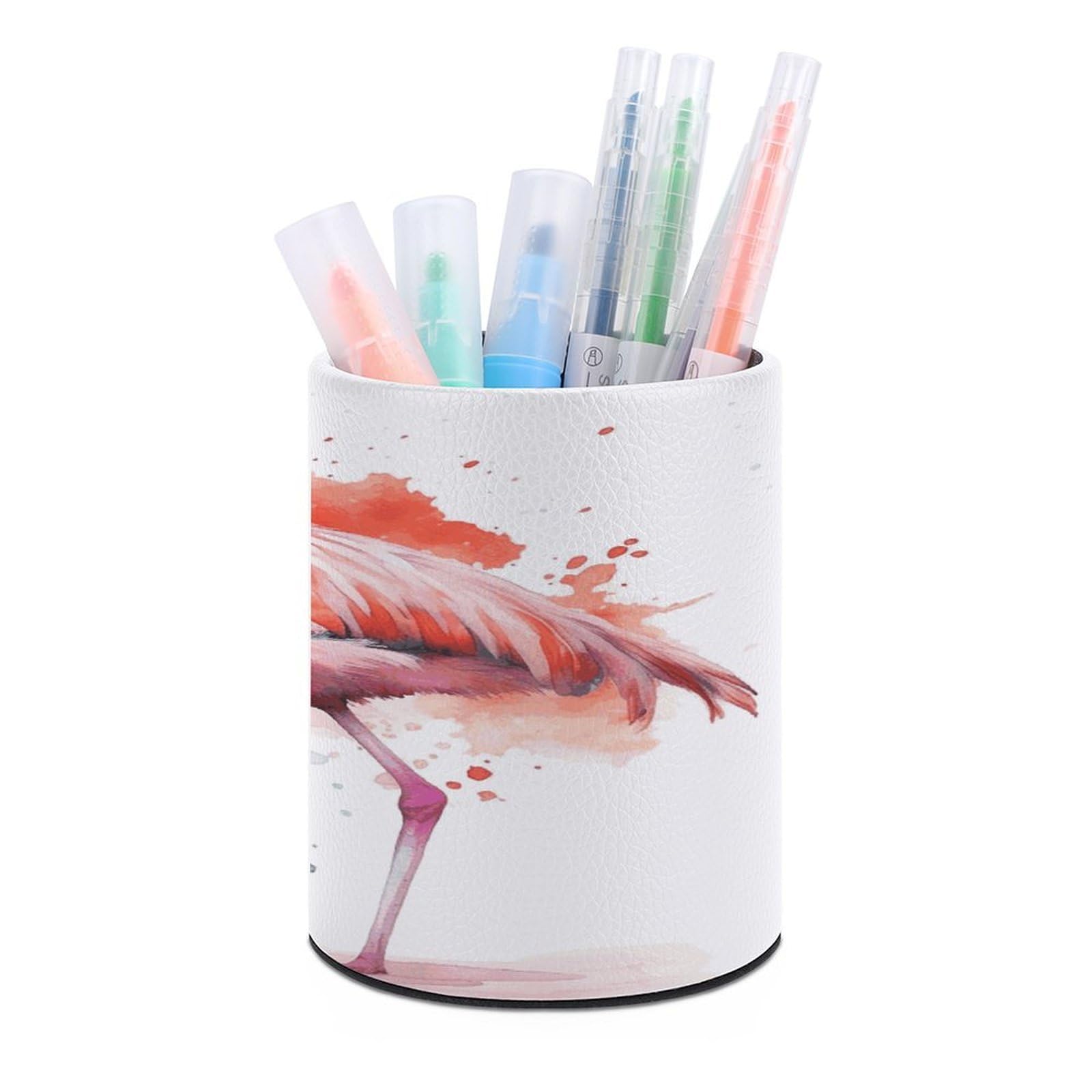 MUSM Watercolor Flamingo Pen Holder Round PU Leather Pencil Cup Waterproof Pencil Holder for Desk Pen Cup Pen Organizer Pencil Organizer Makeup Brush Holders for Home Office Decor