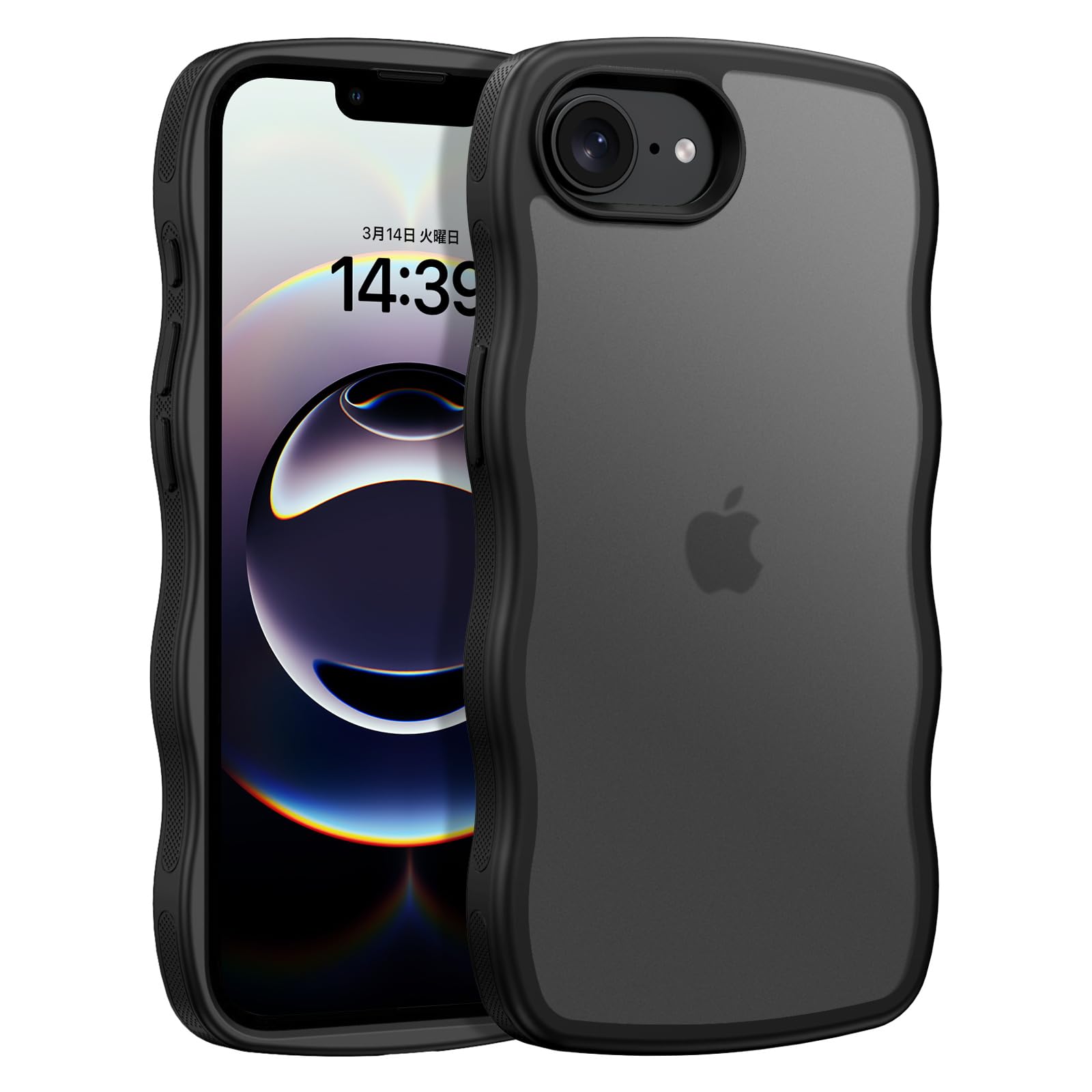 BENTOBEN iPhone 17e / 16e 用 ケース 半透明マット 波型 うねうね 耐衝撃 黄変防止 指紋防止 レンズ保護 滑り止め 超軽量 薄型 ストラップホール付き おしゃれ ウェーブ あいふおん17e/16e ケース ブラック