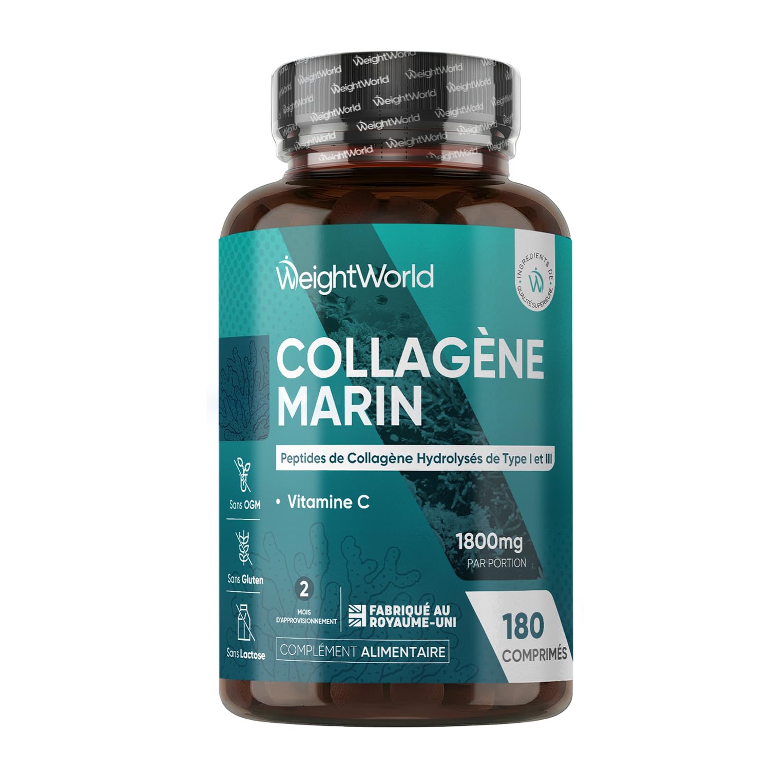 Collagène Marin Hydrolysé Type 1 & 3 avec Vitamine C, 1800mg par Portion, 180 Comprimés, Collagène Marin Vitamine C en Comprimés, sans Gluten sans Lactose, 2 Mois d'Approvisionnement | Peptides de collagène marin type 1 et 3 avec acide ascorbique pour 2 m