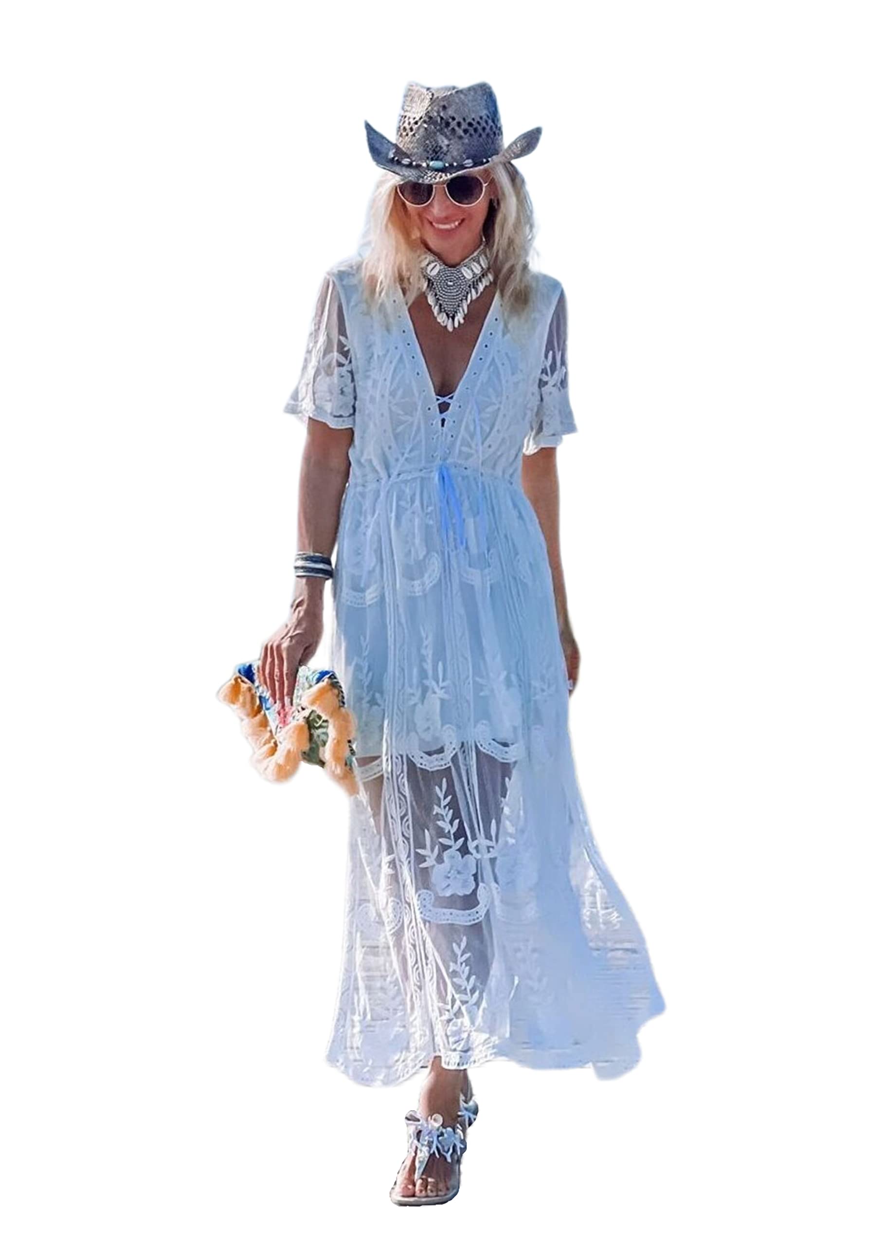 Miro Boho Chic Ibiza Abiti Da Sposa Boho Chic Abito In Pizzo con Scollo A V Profondo. Maniche corte Gonna ampia. Abito da sposa Boho Abito bianco