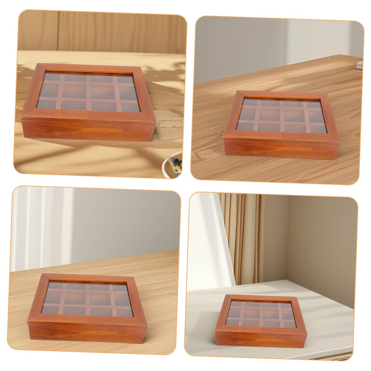UKCOCO Boîte à Thé Organiseur Polyvalent Grosse Capacité avec 12 Compartiments en Bois avec Couvercle Transparent pour Sachets de Thé et Sucre, pour Maison et Bureau