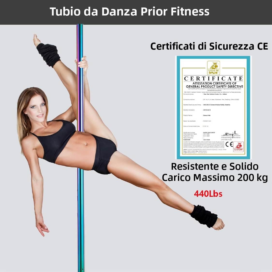 PRIOR FITNESS - Poste Dance Pole de 45 mm con modos estáticos y giratorios, ajustable de 2235 a 2700 mm, apto para gimnasios, fiestas y estudios