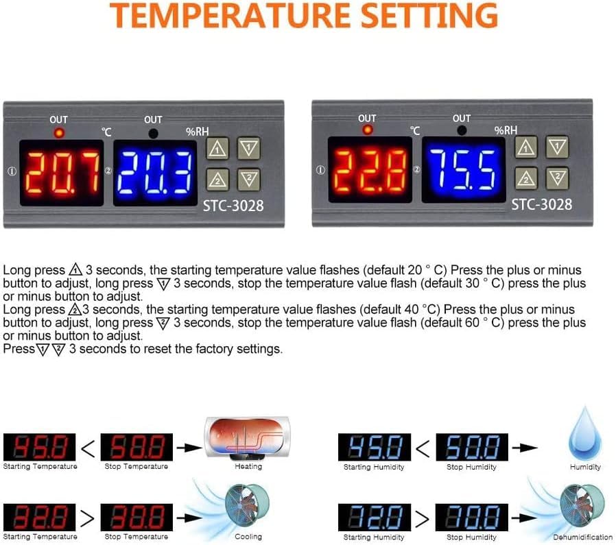 Image of Digital LED Display Temperature & Humidity Controller With Thermostat Control Switch NTC Sensor Probe Thermostat Adjustable Dual Display Thermometer For Egg Incubator (STC-3028)