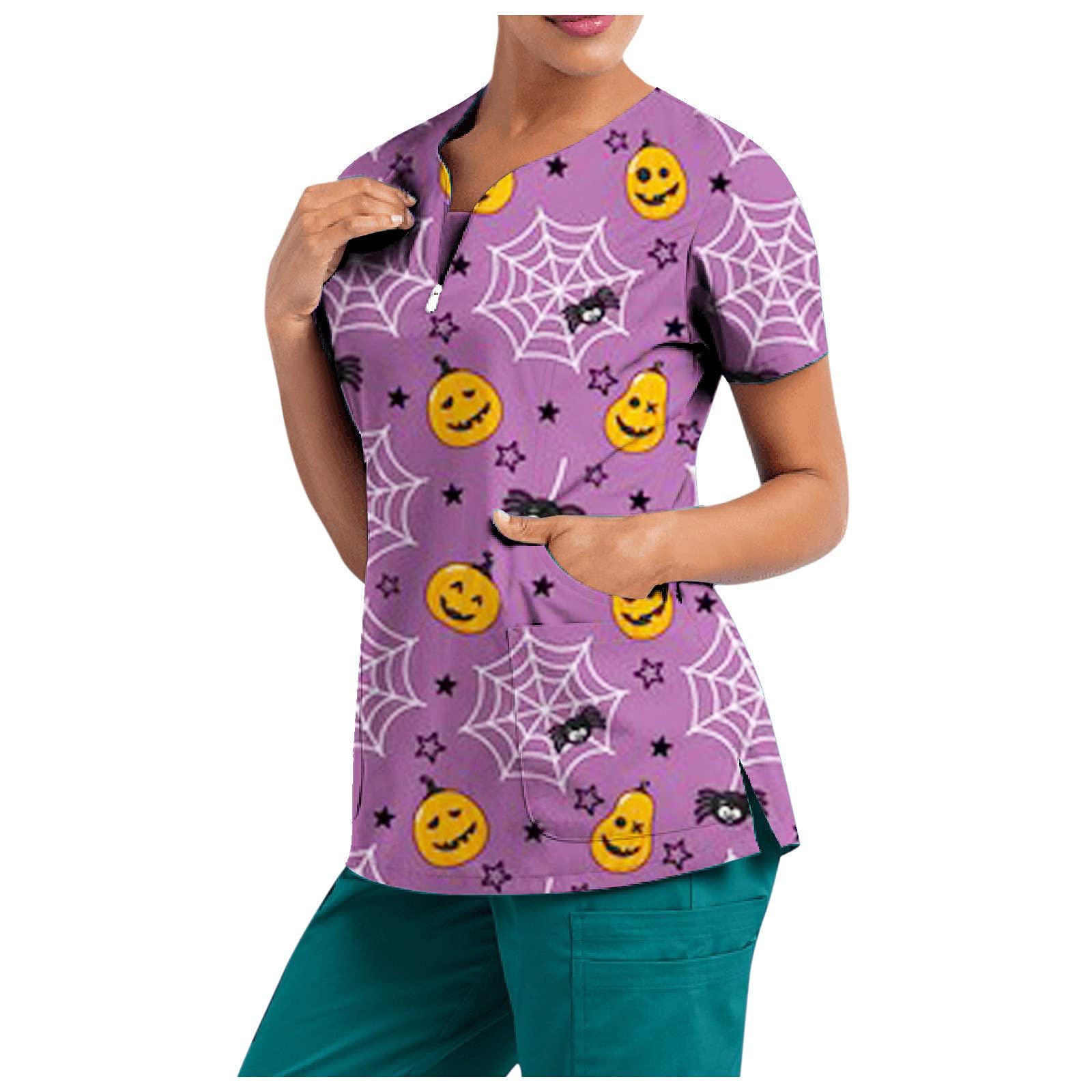 Halloween Women Nurses Uniforms Shirts Cute Printed V-Neck Working Uniform Short Sleeve Tops Shirt with Pockets