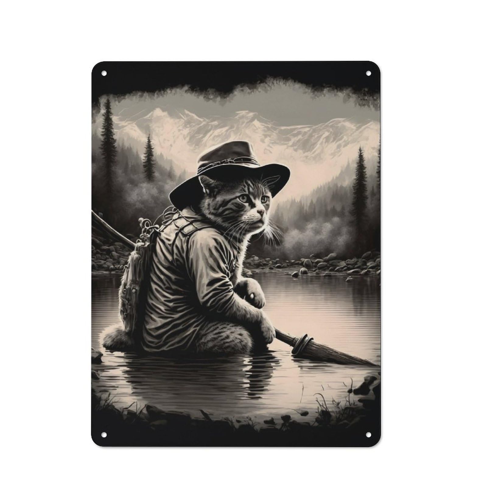 Junmoney Cat In A Lake Fishing Metal Sign 40X30cm With For Home Bar Wall, Vintage Decor, Wall Decoration For Home Bars And Entertaining Spaces