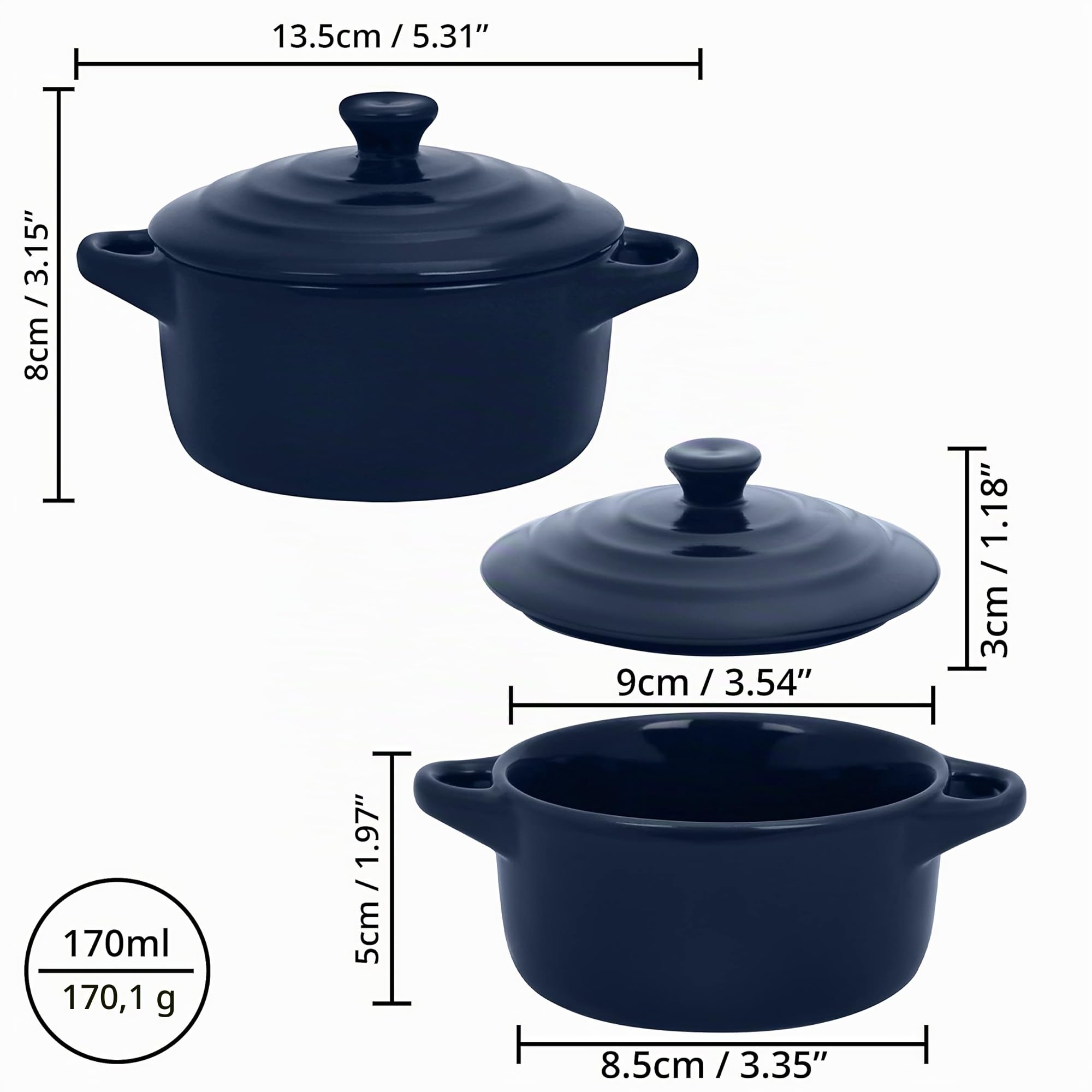 Belle Vous Mini Cazuelas de Cocina de Cerámica - Set Cacerola Horno con Tapa (Pack de 4) Cazo Pequeño de 170 ml Redondo Azul Marino - Ramekin con Tapa y Asa para Hornear, Suflé y Creme Brulee