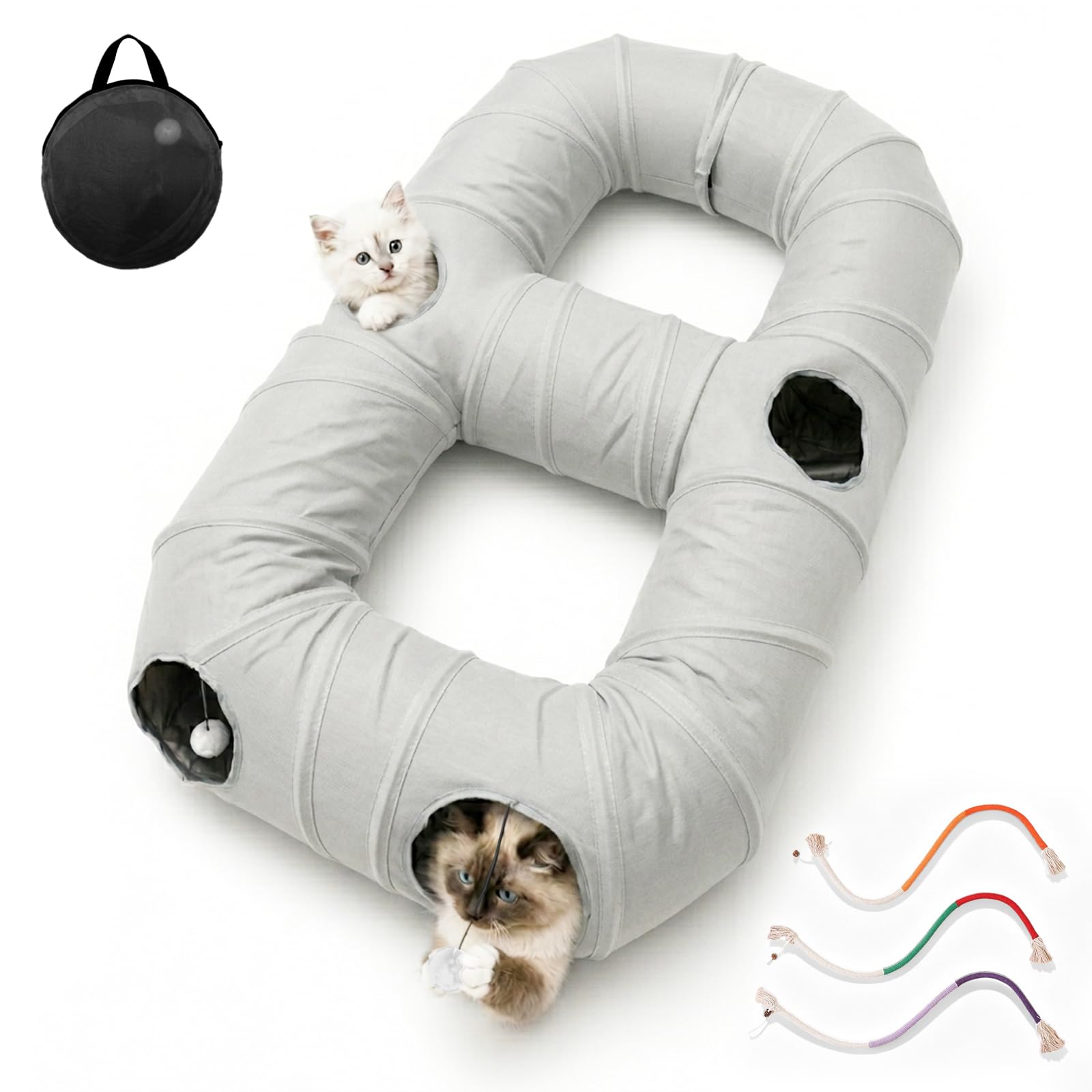 Iriisy Cat Tunnels for Indoor Cats, Collapsible 8-Shaped Cat Play Tunnel with Hanging Pom-Poms and Interactive Hole for Kitten, Includes 3 Chew Rope for Cats & Kittens (Gray Suede-Look)