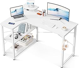 ODK Computer Desk, L-Shaped Gaming Desk, Width 43.3 inches (110 cm), L-Shaped Desk, PC Desk, Desk with Rack, Storage, Corner Desk, Office Desk, Home Work, Easy Assembly, White, Left Shelf