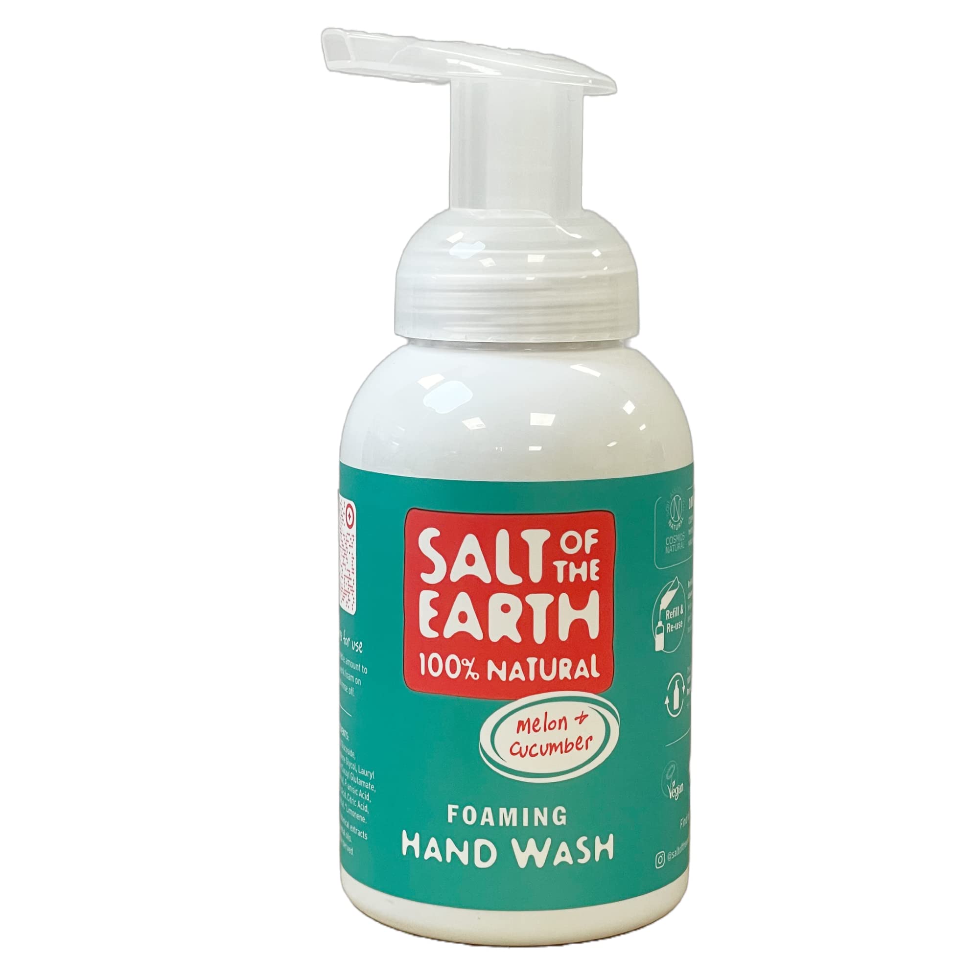 100% Natural Foaming Hand Wash by Salt Of the Earth, Melon & Cucumber - Vegan, Instant Foaming, Refillable, Leaping Bunny Approved, Made in The UK - 250ml