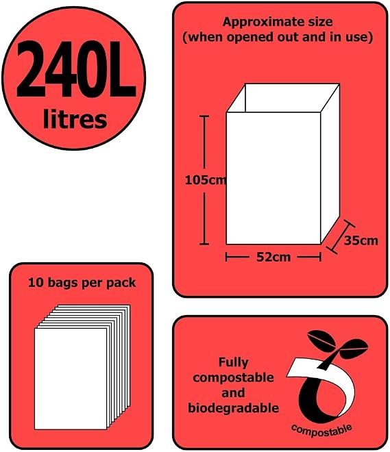 240 Litre x 10 Paper Compostable Wheelie Bin Liners - Biodegradable Sacks/Liners - Bioliner Eco Sack Bags with All-Green Composting Guide