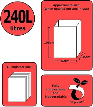 240 Litre x 10 Paper Compostable Wheelie Bin Liners - Biodegradable Sacks/Liners - Bioliner Eco Sack Bags with All-Green Composting Guide