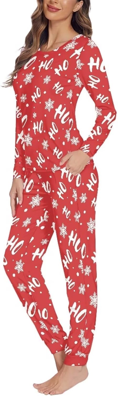 Couples Pajamas Christmas 3D Print Santa Claus Pattern 2 Piece Long-Sleeved Casual Round Neck Nightwear